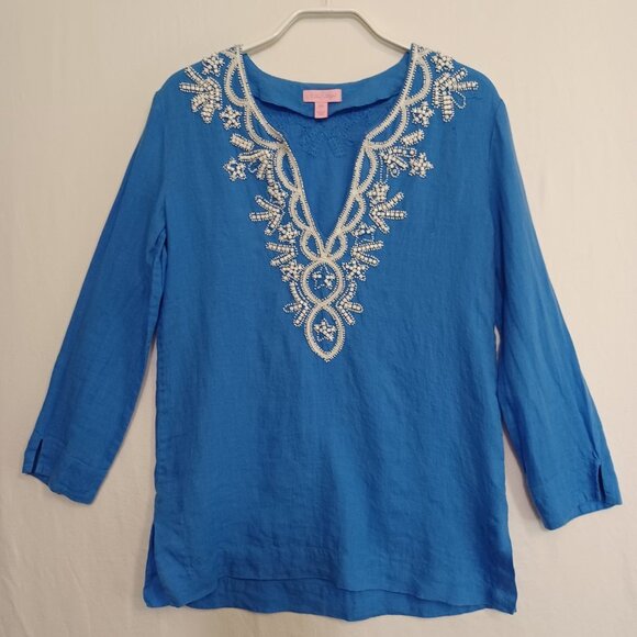 Lilly Pulitzer 100% Linen Beaded Tunic - Picture 2 of 10